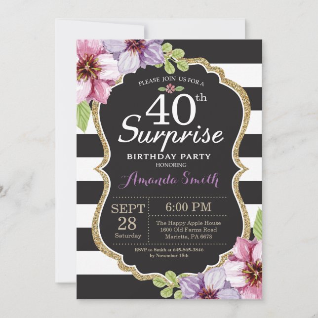 Sorpresa 40.ª Invitación de cumpleaños Dorado Flor (Anverso)