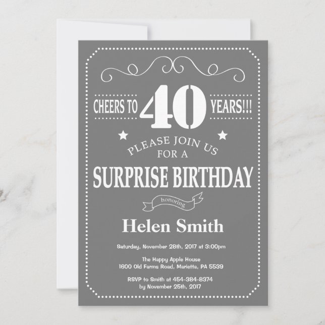 Sorpresa 40.ª invitación de cumpleaños gris y blan (Anverso)