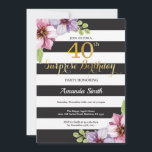 Sorpresa 40.ª Invitación de cumpleaños mujeres Flo<br><div class="desc">Sorpresa 40.ª Invitación de cumpleaños para mujeres. Invitación a la fiesta de cumpleaños de oro y negro. Brillantina dorada. Flor Floral color morado. Rayas blancas y negras. Digital Imprimible. Para una mayor personalización,  haga clic en el botón "Personalizar" y utilice nuestra herramienta de diseño para modificar esta plantilla.</div>