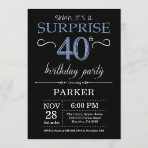 Sorpresa 40.ª invitación de cumpleaños negro y azu