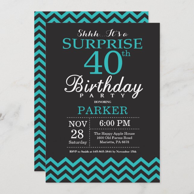 Sorpresa 40.ª invitación de cumpleaños negro y Ver (Anverso / Reverso)