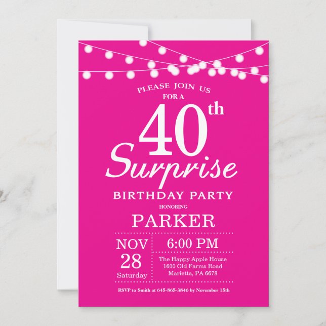 Sorpresa 40.ª invitación de cumpleaños Rosa calien (Anverso)