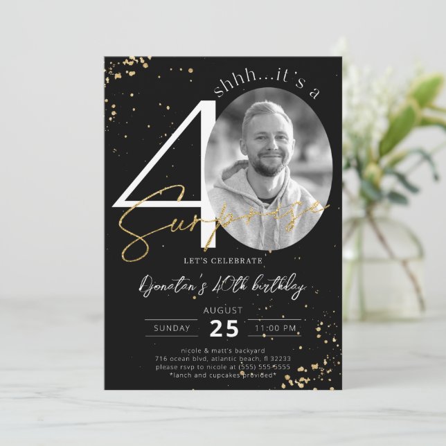 Sorpresa 40.º cumpleaños Invitación a la foto de o (Anverso de pie)