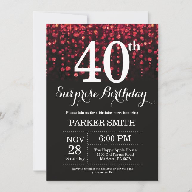 Sorpresa 40.º Purpurina Rojo Invitación a Cumpleañ (Anverso)