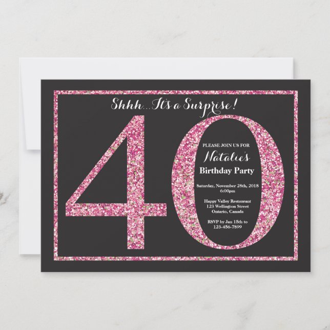 Sorpresa 40.º Purpurina rosado de la invitación po (Anverso)