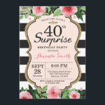Sorpresa 40 cumpleaños Invitación a mujeres floral<br><div class="desc">Sorpresa 40° cumpleaños - Invitación para mujeres. Invitación a la fiesta de cumpleaños negro y oro.Brillantina dorada. Flor floral color agua rosa. Bandas blancas y negras. Digital Imprimible. Para más personalización,  haga clic en el botón "Personalizar" y utilice nuestra herramienta de diseño para modificar esta plantilla.S</div>