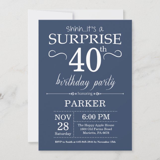 Sorpresa 40 cumpleaños invitación azul (Anverso)