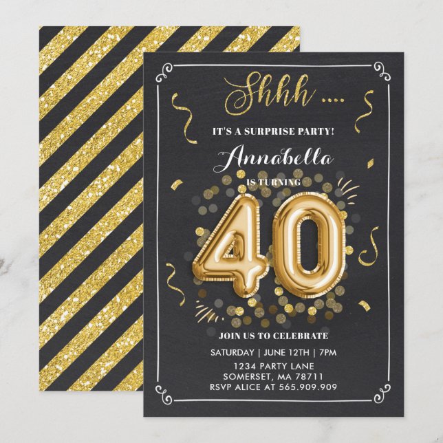 Sorpresa 40 cumpleaños Invitación Gold Chalkboard (Anverso / Reverso)
