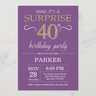 Sorpresa 40 cumpleaños invitación morado y oro