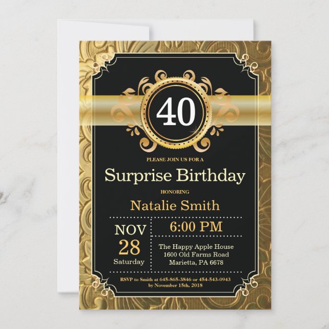 Sorpresa 40 cumpleaños invitación negro y oro (Anverso)