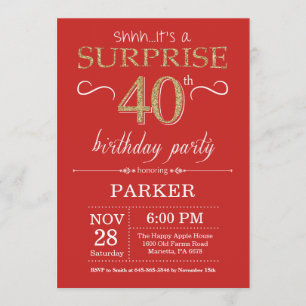 Sorpresa 40 cumpleaños invitación rojo y oro