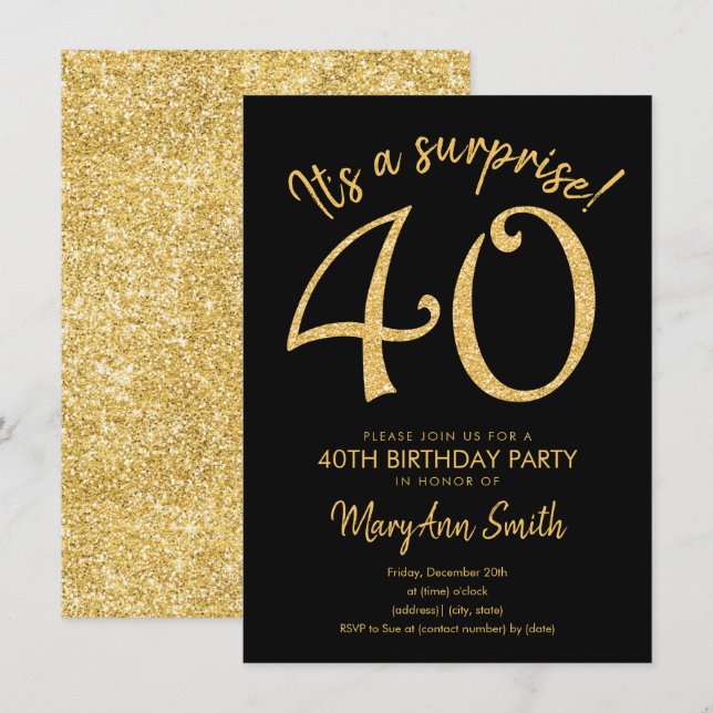 Sorpresa 40 Oro 40 Invitación de fiesta de cumplea (Anverso / Reverso)