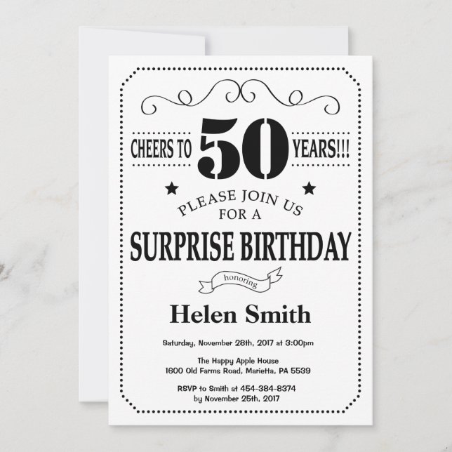 Sorpresa 50.ª invitación de cumpleaños blanco y ne (Anverso)