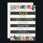 Sorpresa 50.ª Invitación de cumpleaños mujeres Flo<br><div class="desc">Sorpresa 50.ª Invitación de cumpleaños para mujeres. Invitación a la fiesta de cumpleaños de oro y negro. Brillantina dorada. Flor floral color agua rosada. Rayas blancas y negras. Digital Imprimible. Para una mayor personalización,  haga clic en el botón "Personalizar" y utilice nuestra herramienta de diseño para modificar esta plantilla.</div>