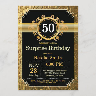 Sorpresa 50.ª invitación de cumpleaños negro y oro