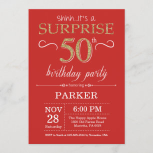 Sorpresa 50.ª invitación de cumpleaños rojo y oro