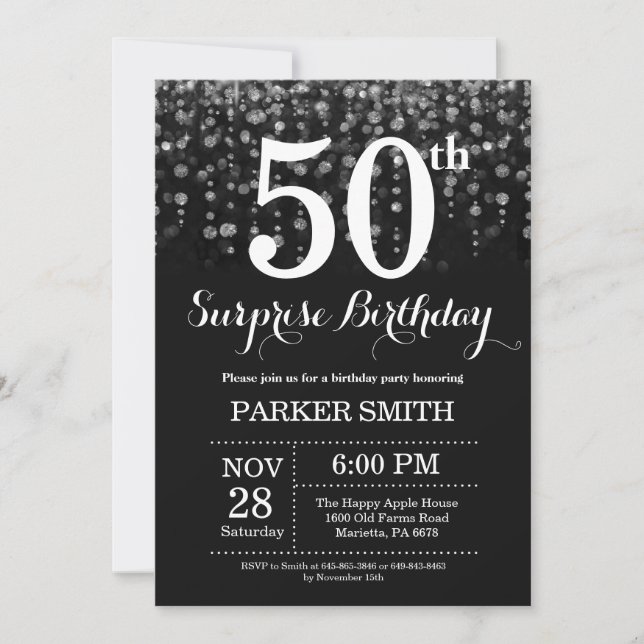 Sorpresa 50.º Purpurina plateado de la invitación  (Anverso)