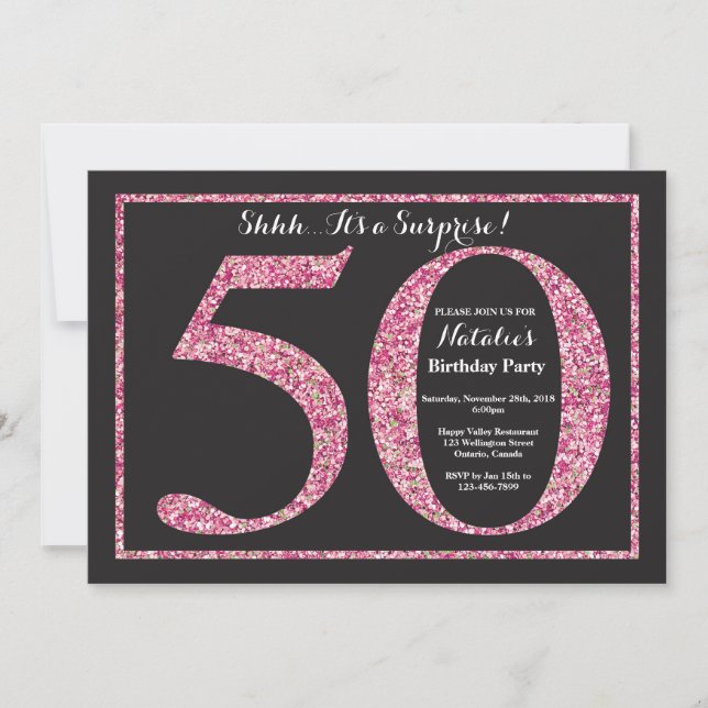 Sorpresa 50.º Purpurina rosado de la invitación de (Anverso)