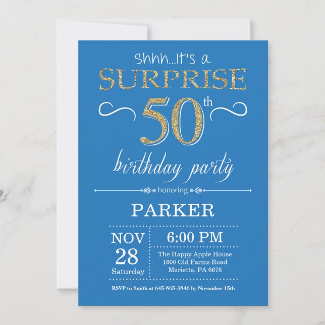 Sorpresa 50 cumpleaños invitación azul y oro (Anverso)
