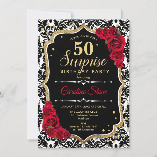Sorpresa 50 cumpleaños - Invitación roja de oro ne (Anverso)