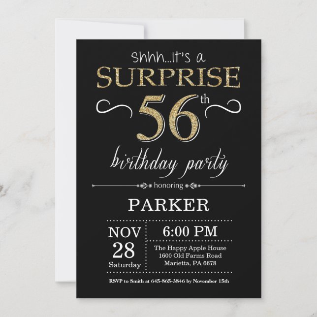 Sorpresa 56ª invitación de cumpleaños negro y oro (Anverso)