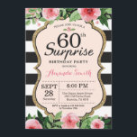 Sorpresa 60.ª Invitación de cumpleaños mujeres Flo<br><div class="desc">Sorpresa 60.ª Invitación de cumpleaños para mujeres. Invitación a la fiesta de cumpleaños de oro y negro. Brillantina dorada. Flor floral color agua rosada. Rayas blancas y negras. Digital Imprimible. Para una mayor personalización,  haga clic en el botón "Personalizar" y utilice nuestra herramienta de diseño para modificar esta plantilla.</div>