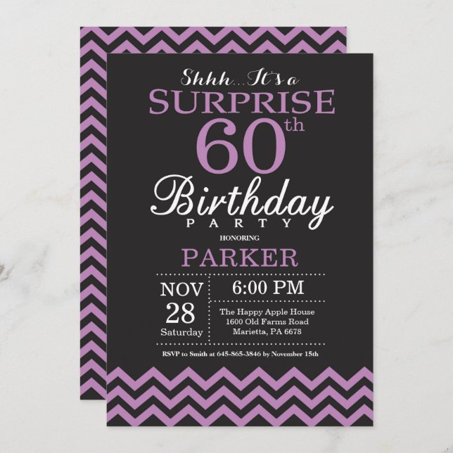 Sorpresa 60.ª invitación de cumpleaños negro y mor (Anverso / Reverso)