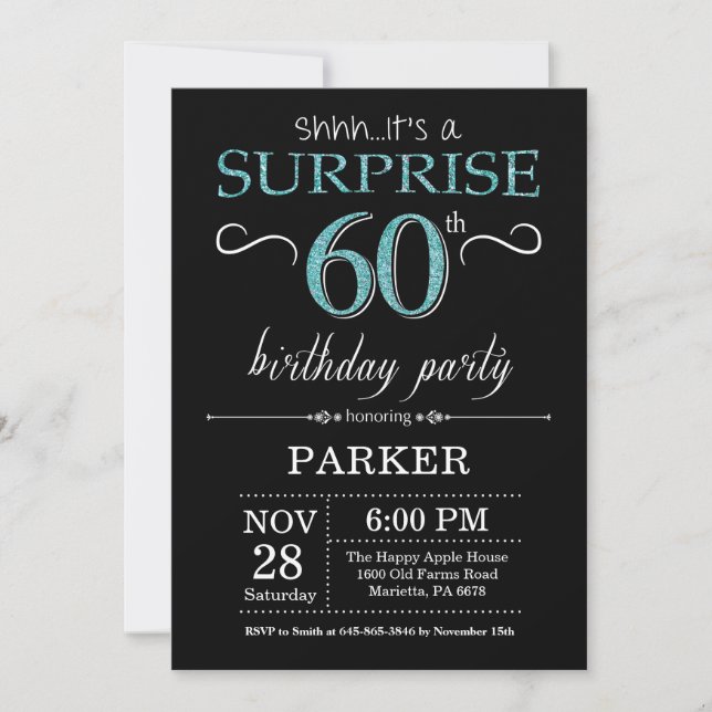 Sorpresa 60.ª invitación de cumpleaños negro y Ver (Anverso)