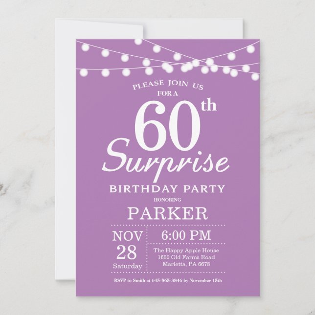 Sorpresa 60.º cumpleaños Invitación Lavanda púrpur (Anverso)