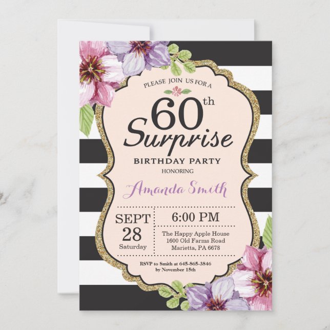 Sorpresa 60 cumpleaños Invitación a mujeres floral (Anverso)