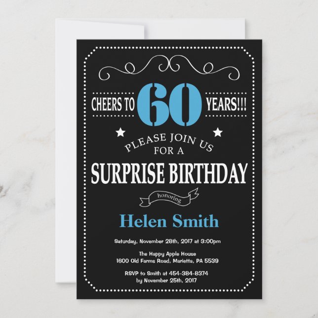 Sorpresa 60 cumpleaños Invitación azul y negro (Anverso)
