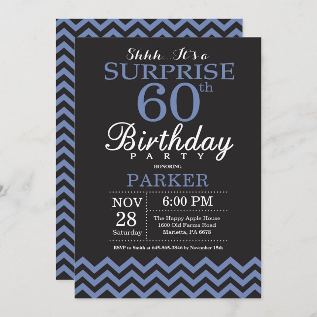 Sorpresa 60 cumpleaños invitación negro y azul (Anverso / Reverso)