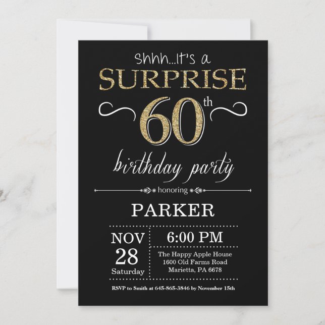 Sorpresa 60 cumpleaños invitación negro y oro (Anverso)
