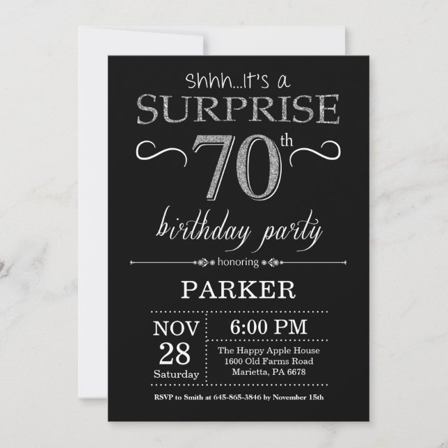 Sorpresa 60 cumpleaños invitación negro y plata (Anverso)