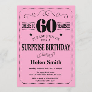 Sorpresa 60 cumpleaños invitación negro y rosa