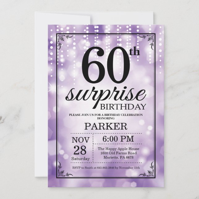 Sorpresa 60 cumpleaños invitación Purpurina morado (Anverso)