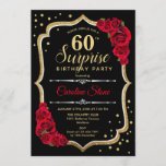 Sorpresa 60 cumpleaños - Invitación roja de oro ne<br><div class="desc">Sorpresa Invitación a los 60 Años. Diseño rojo y negro femenino con oro falso purpurina. Cuenta con rosas rojas,  fuente de guión y confiti. Perfecto para una elegante fiesta de cumpleaños. Se puede personalizar para mostrar cualquier edad. Mándame un mensaje si necesitas más personalización.</div>