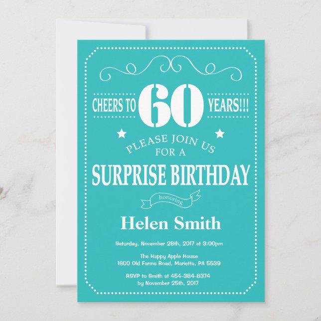 Sorpresa 60 cumpleaños invitación Verde azulada y  (Anverso)