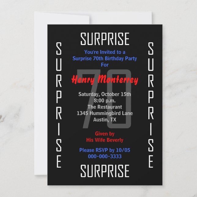 Sorpresa 70.ª invitación a la fiesta de cumpleaños (Anverso)