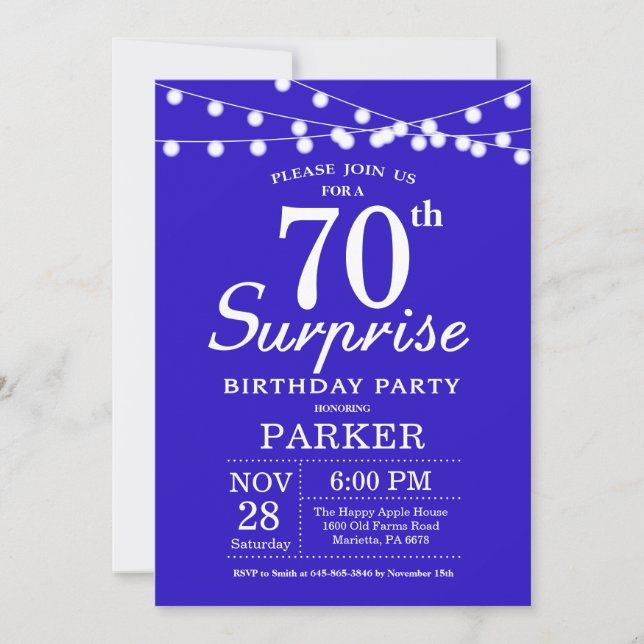 Sorpresa 70.ª invitación de cumpleaños azul real (Anverso)