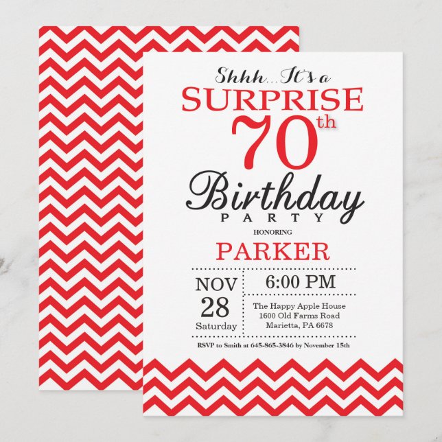 Sorpresa 70.ª invitación de cumpleaños Chevron Roj (Anverso / Reverso)