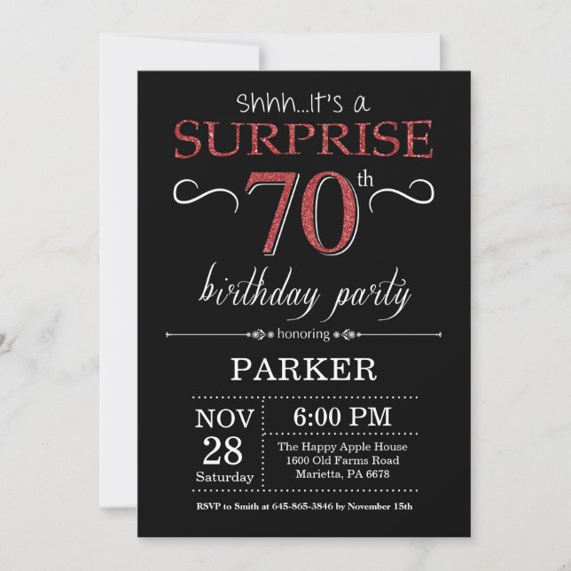 Sorpresa 70.ª invitación de cumpleaños negro y roj (Anverso)