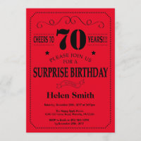 Sorpresa 70.ª invitación de cumpleaños negro y roj