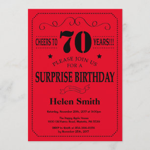 Sorpresa 70.ª invitación de cumpleaños negro y roj