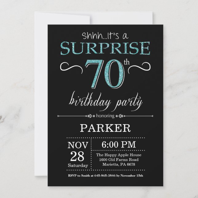 Sorpresa 70.ª invitación de cumpleaños negro y Ver (Anverso)