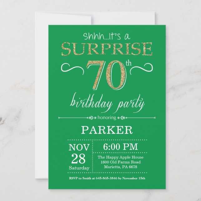 Sorpresa 70.ª invitación de cumpleaños Verde y Oro (Anverso)