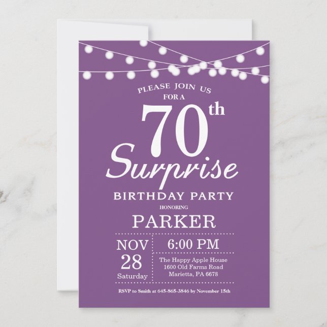 Sorpresa 70.º cumpleaños Invitación Lavanda púrpur (Anverso)