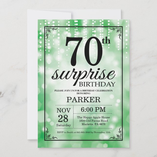Sorpresa 70.º Purpurina Verde de la invitación de  (Anverso)