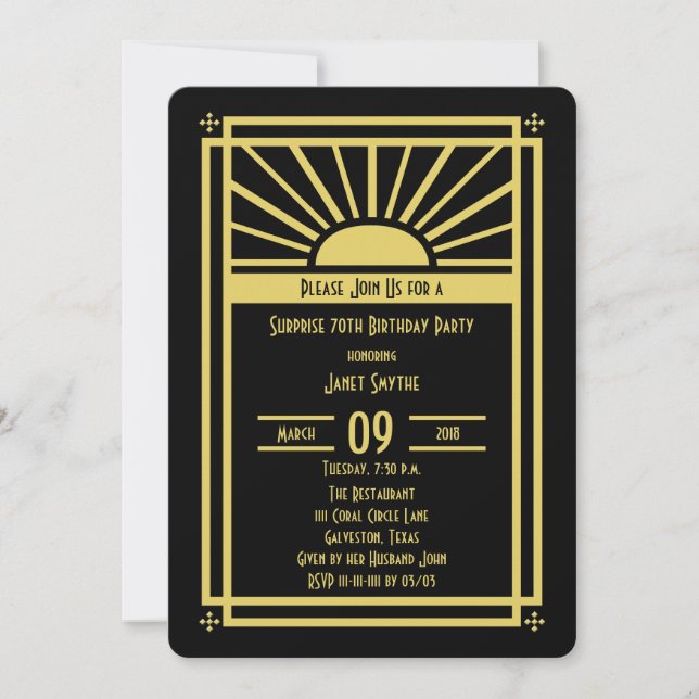 Sorpresa 70 cumpleaños invitación a fiesta Art Dec (Anverso)