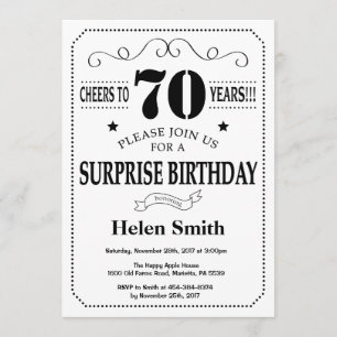 Sorpresa 70 cumpleaños invitación blanco y negro